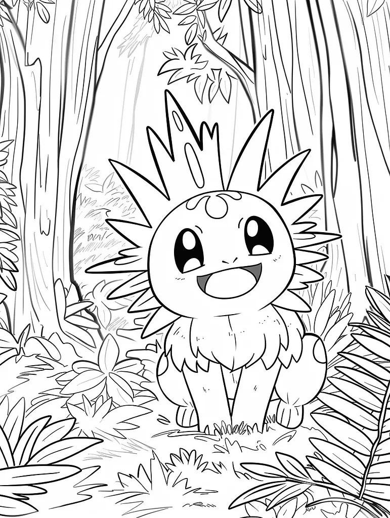 Chikorita Pokemon Coloring Page - Happy in the Forest 4