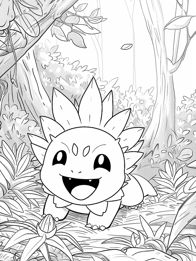 Chikorita Pokemon Coloring Page - Happy in the Forest 2