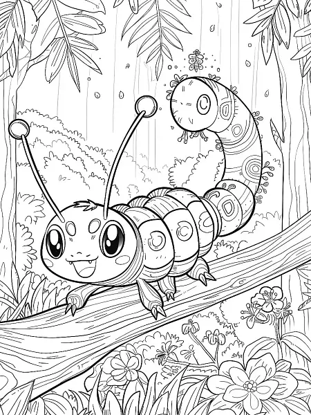 Happy Caterpie in Forest Coloring Page - 1