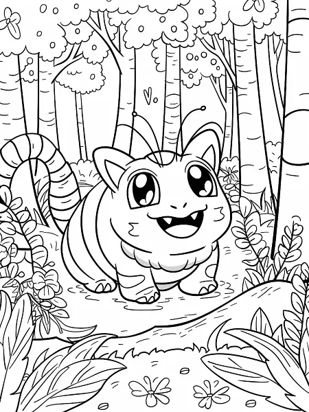 Happy Caterpie in Forest Coloring Page - 2