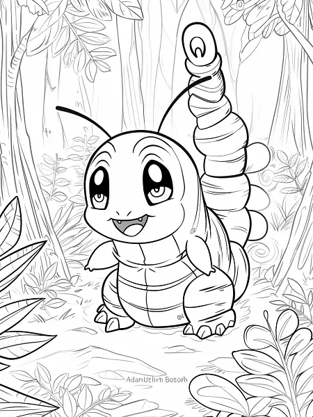 Happy Caterpie in Forest Coloring Page - 3