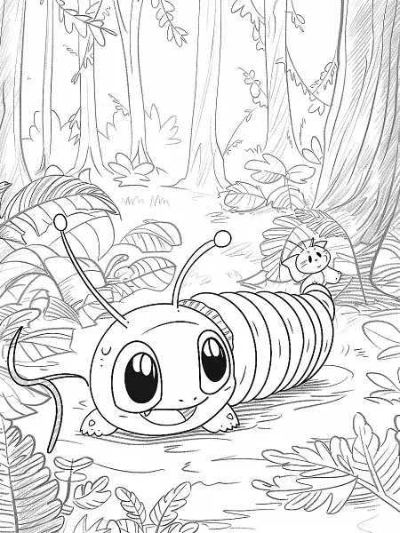 Happy Caterpie in Forest Coloring Page - 0