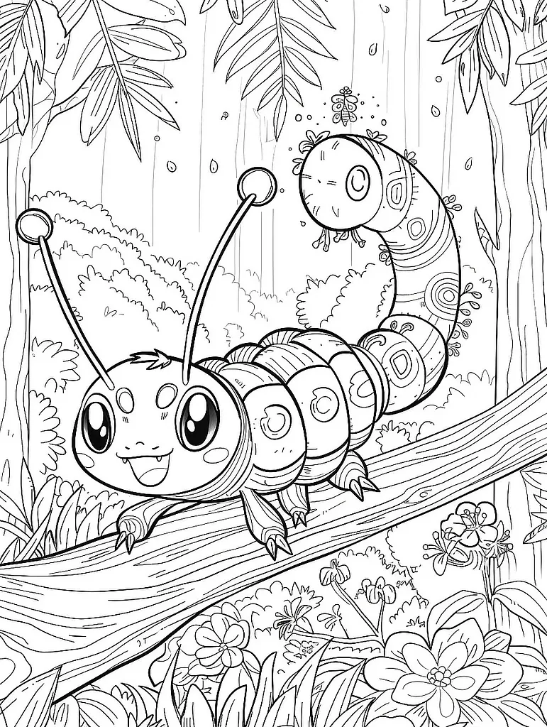 Happy Caterpie in Forest Coloring Page 2