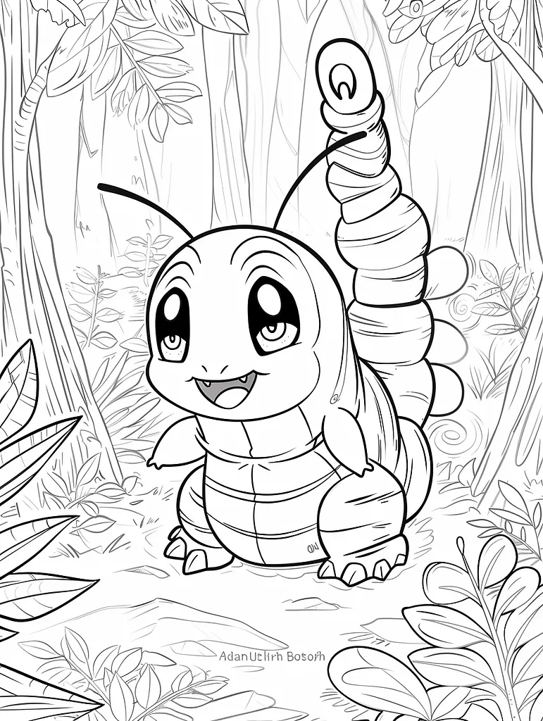 Happy Caterpie in Forest Coloring Page 4