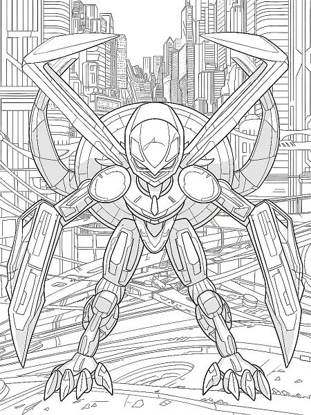 Metagross Pokemon Coloring Page: Determined in a Futuristic City