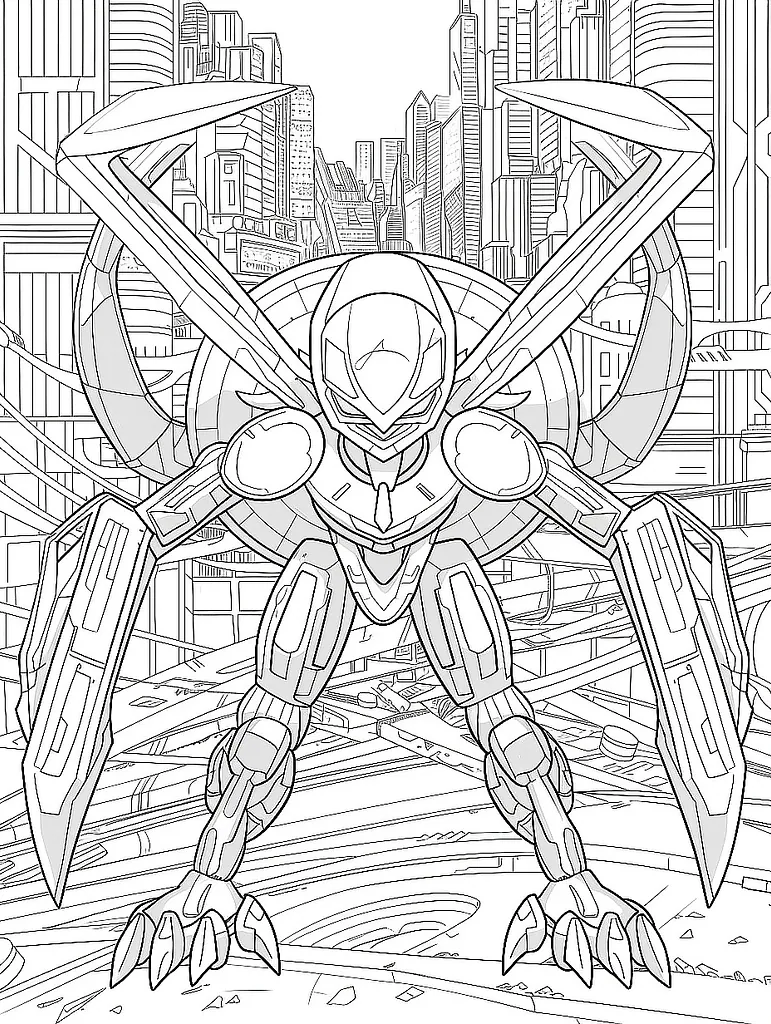 Metagross Pokemon Coloring Page: Determined in a Futuristic City