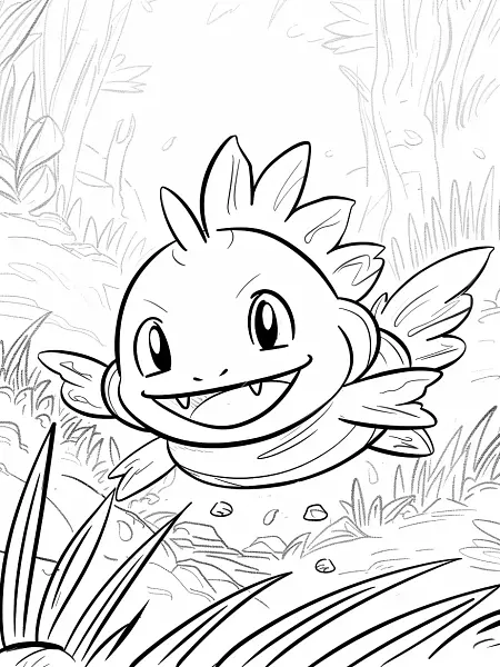 Mudkip Pokemon Coloring Page - Happy Expression in Forest - 3