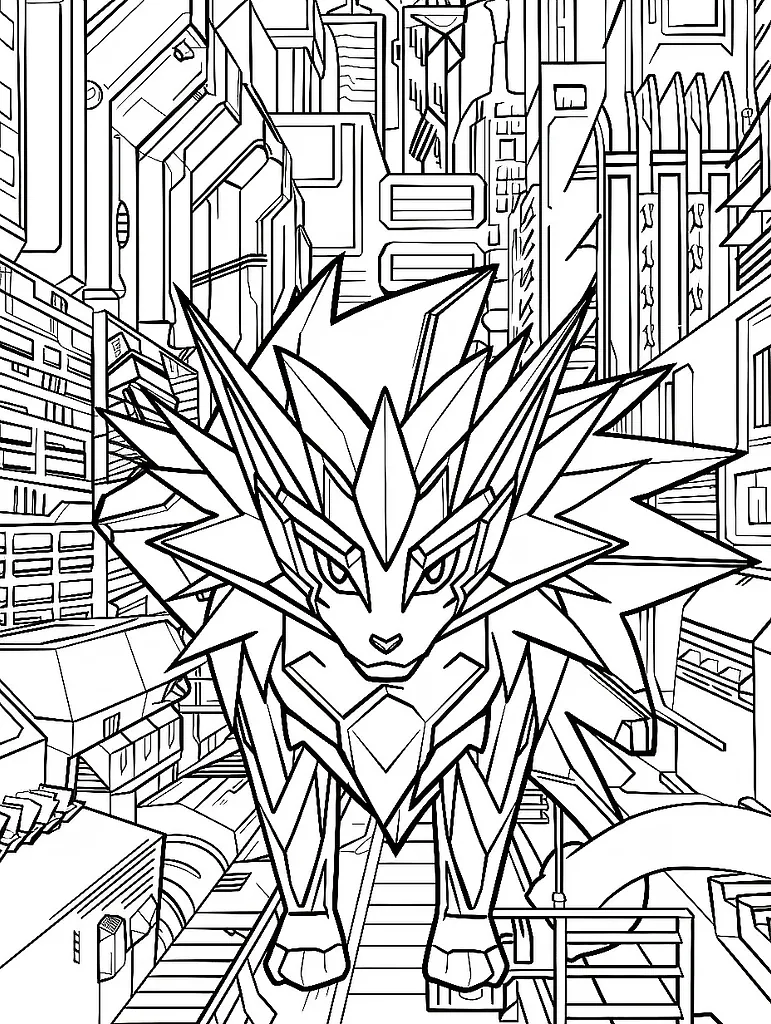 Ceruledge Pokemon Coloring Page with Futuristic Cityscape