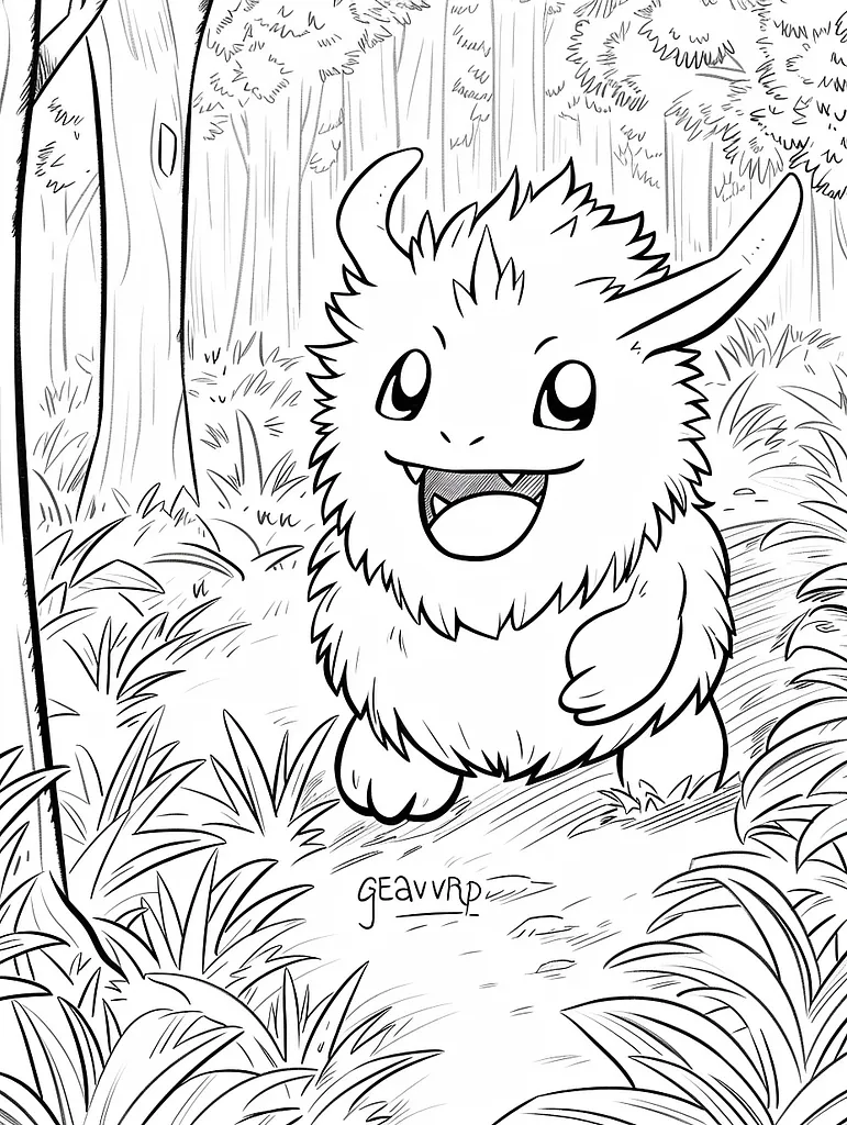 Happy Greavard Pokemon in Forest Coloring Page 4