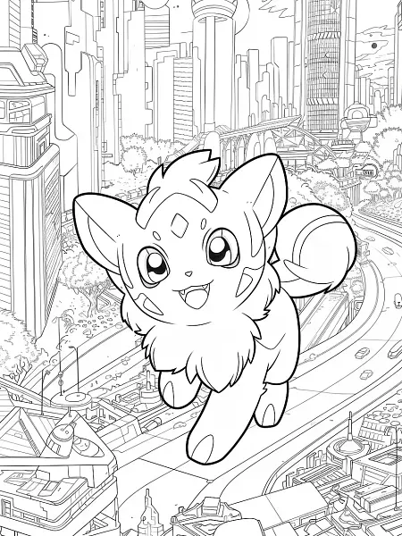 Joyful Miraidon in Futuristic City - Coloring Page - 2