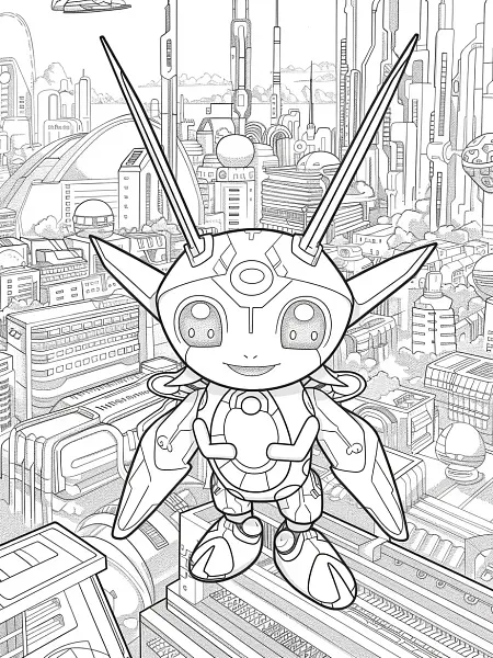 Joyful Miraidon in Futuristic City - Coloring Page - 3