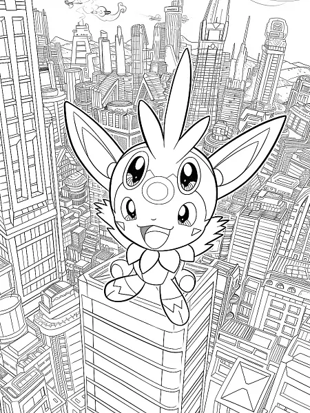 Joyful Miraidon in Futuristic City - Coloring Page - 1