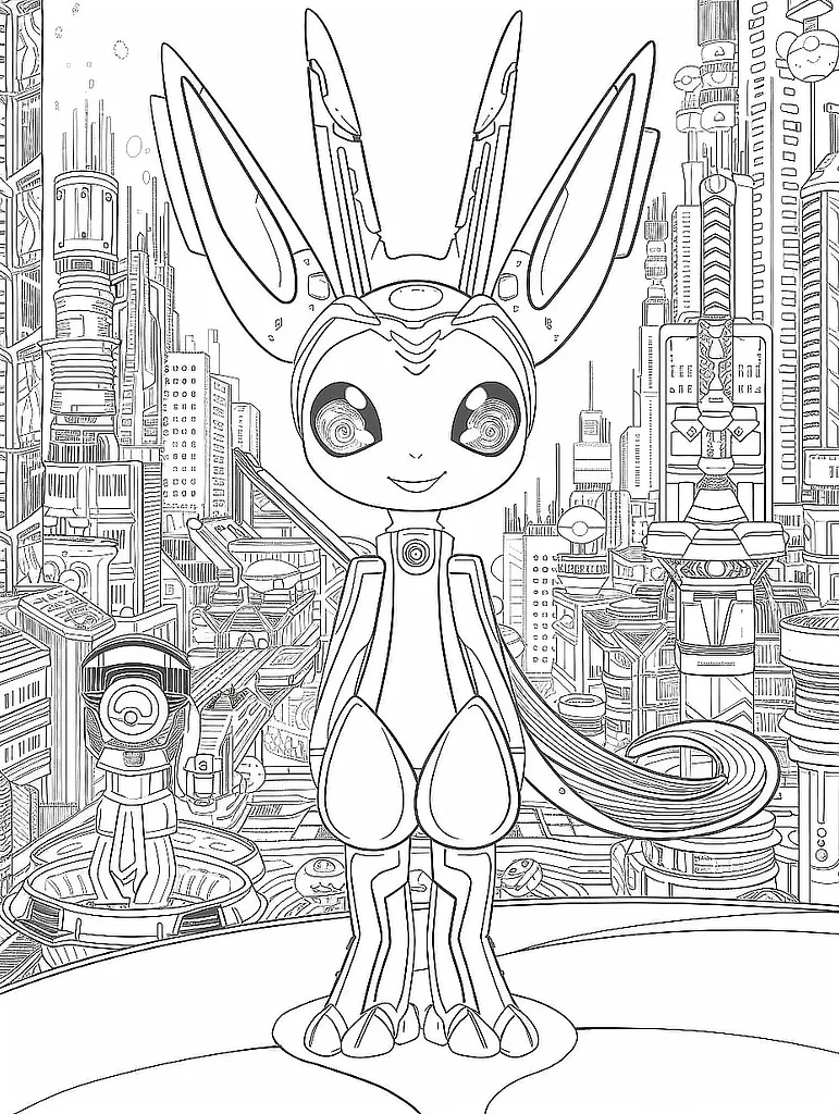 Joyful Miraidon in Futuristic City - Coloring Page