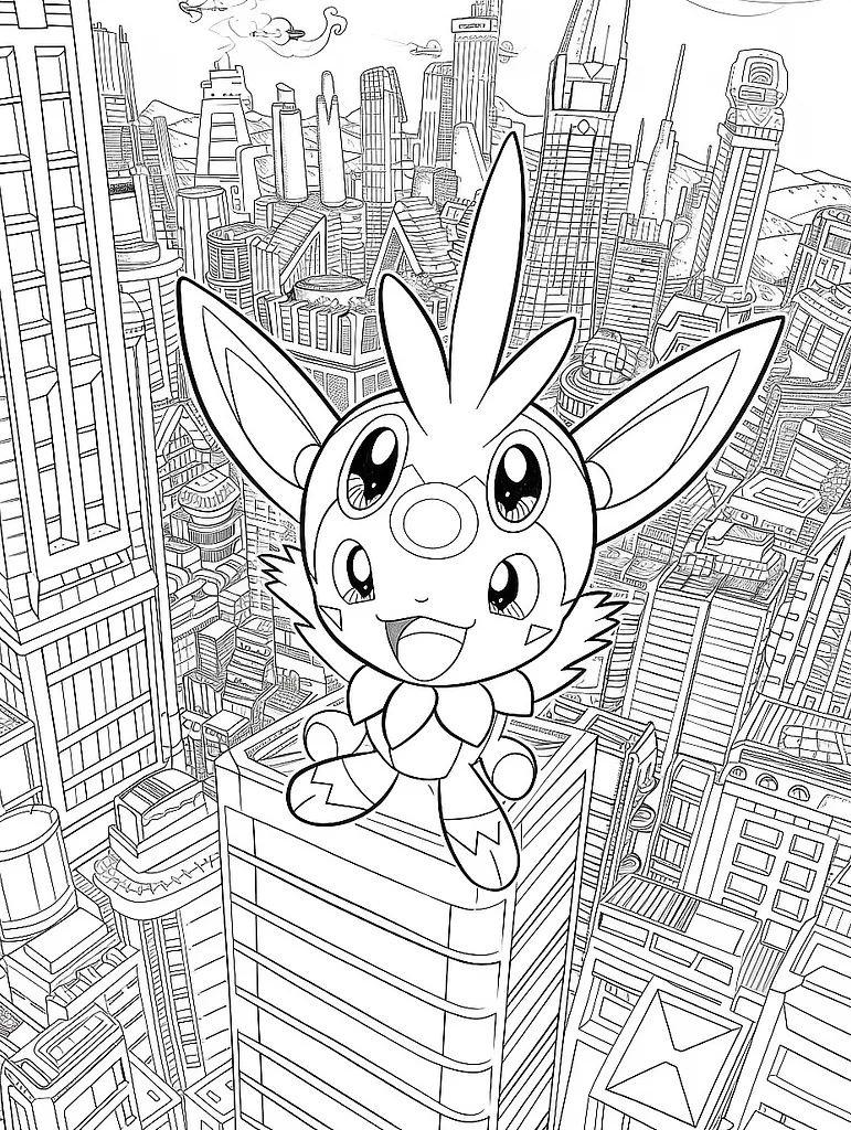 Joyful Miraidon in Futuristic City - Coloring Page 2